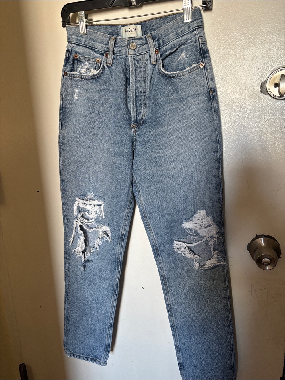 Agolde High-Rise Distressed Jeans in Light Blue Wash a 12 waist  inseam 26